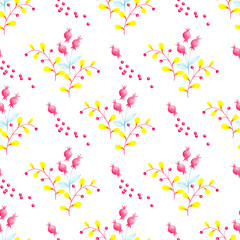 Botanical seamless pattern illustration with branches and yellow flowers over a white background. Spring and summer theme.