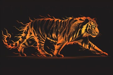 A painting of a tiger running in the dark. A magical creature made of fire.