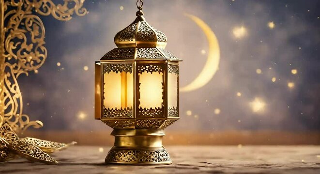 Islamic Lantern and Eid Moon Animation: Perfect for Ramadan Kareem or Eid Mubarak. Ideal for Al Fitr Adha Event Ceremony Background.