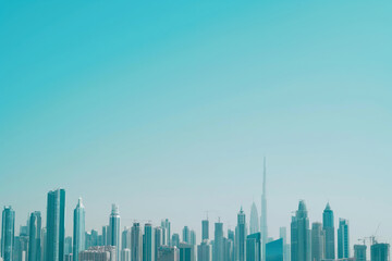 Dubai panorama. A skyline of skyscrapers against an azure sky with a green natural landscape.  Perfect for travel promotions or real estate advertisements. Generative AI.