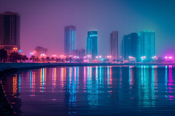 Fototapeta na wymiar Dubai panorama. City skyline mirrored in water at night, skyscrapers glowing purple in dusk. Generative AI