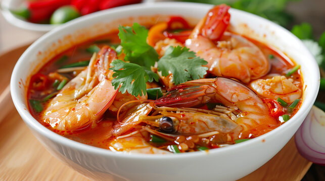 A series of enticing photos showcasing the vibrant colors and aromatic flavors of Tom Yum Kung, a traditional Thai soup. Each image features a steaming bowl filled with a fragrant broth infused 