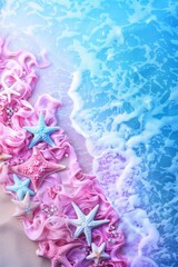 Fantasy-like beach scene with vibrant pink waves, foam, and scattered colorful starfish