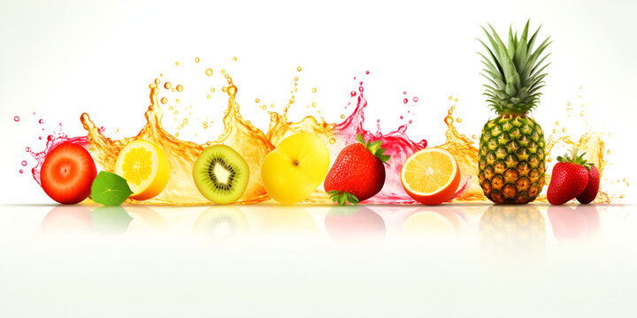     Collection of fruit juice colorful splashes isolated on white background,  fruits juice splash burst composition with spray images and ripe tropical fruits on  white transparent background 
