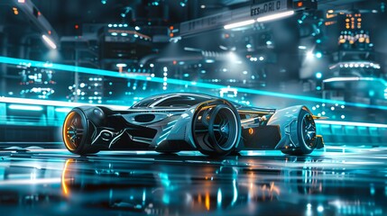 a captivating banner showcasing futuristic electric sports cars with high-performance chassis and batteries. Alternatively, depict innovative concepts of future EV factory production - obrazy, fototapety, plakaty