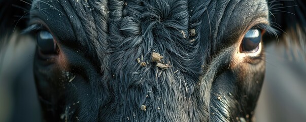 A close up of a black cow's eyes.