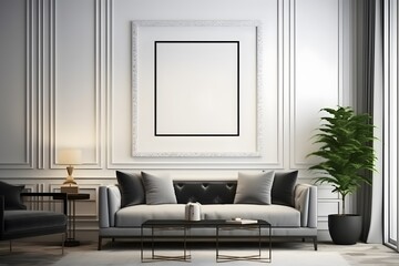 Modern living room. Poster frame on the wall of the living room. room with sofa and lcd tv. Photo Frame Mockup Luxurious apartment background