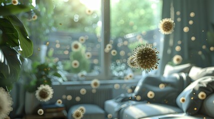 realistic render of virus floating in the air in a living room - obrazy, fototapety, plakaty