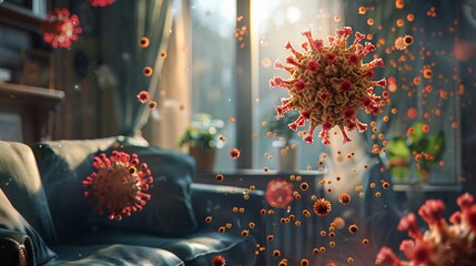 Red virus particles floating in the air in a living room