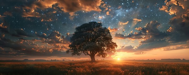 A beautiful landscape image of a large tree in a field of flowers under a starry night sky. - obrazy, fototapety, plakaty