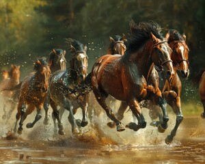 Horses running through water