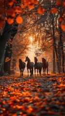Horses walking through a fall forest