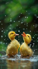 Two cute ducklings are playing in the rain.