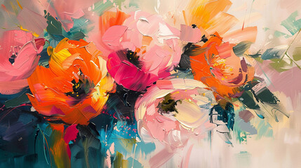 Bold strokes of oil paint capture the essence of abstract flowers in this dynamic and expressive artwork.