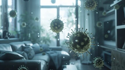 Viruses in the air and spread in livingroom - obrazy, fototapety, plakaty