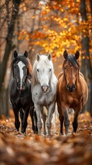 Three horses of different colors, black, white and brown, are walking in a dense forest with fallen leaves