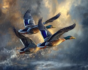 Three ducks flying over a lake in the rain