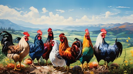 A group of seven roosters of different breeds standing in a grassy field, in front of a hill and mountains in the distance. - obrazy, fototapety, plakaty