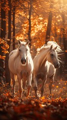 Two white horses running through a fall forest.
