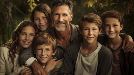 Fototapeta premium Family Portrait Write a heartwarming story about a man featured in a stock photo with his family Explore themes of love, connection, and the importance of family bonds as they share special moments to