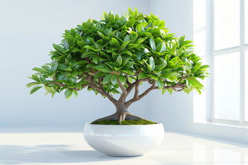 A vibrant green bonsai tree stands in a sleek white pot against a backdrop of a bright, airy window.