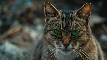 Naklejka na ściany i meble Intensely staring green eyed domestic cat shows displeasure on camera while guarding his territory