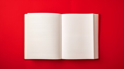 An open hardcover book with empty white pages against a red background