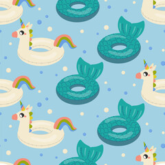 Seamless pattern, unicorn shaped swim lap and mermaid tail children's inflatable
