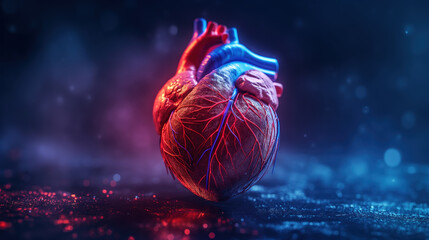 Vibrant Human Heart Model with Illuminated Arteries on Dark Background