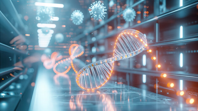 Futuristic DNA Strand Amidst Viruses in High-Tech Laboratory Environment - Powered by Adobe