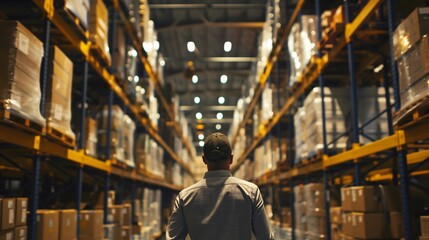 A focused warehouse manager stands amidst tall shelves filled with packaged products, supervising the logistics operations.