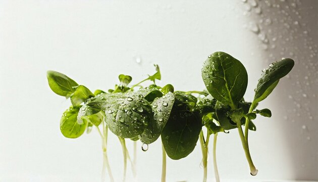 Spinach, arugula, and microgreens lifting gracefully, with water droplets highlighting their delicate textures against a clean, white background