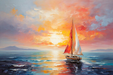 Sailing boat on the sea at sunset. Oil painting on canvas. - obrazy, fototapety, plakaty