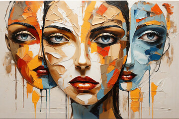 Conceptual abstract painting of 3 faces figure and eyes. Contemporary art collage.