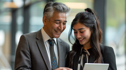 South Asian colleagues, a male executive (40s) and a young South Asian female employee (20s), standing side-by-side  looking at a digital tablet. Teamwork, brainstorming. Indoors, blurred background.