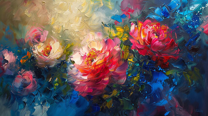 Layers of oil paint blend seamlessly to depict abstract flowers in a stunning display of color.