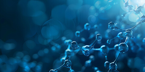 Molecular liquid structure on blue background, Blue molecule atoms structures on blue liquid serum background Science Molecular water drop ,Group of Floating Bubbles in the Air 
  - obrazy, fototapety, plakaty