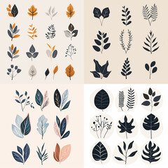 collection of abstract leaves elements, minimalist and flat design, duotone