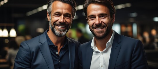 Two successful business men posing in a modern office interior, standing back to back with crossed arms and smiling at the camera