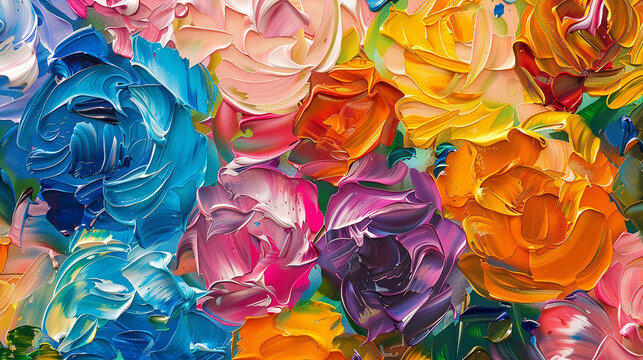 Lush petals and vibrant hues intertwine in an abstract oil painting of colorful flowers.