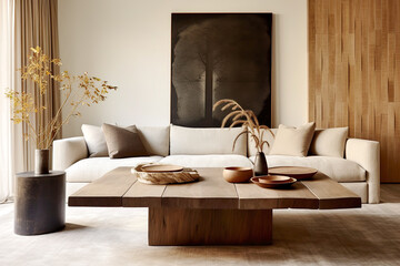 Rustic wooden coffee table near beige sofa against wooden paneling wall. Japandi interior design of modern living room, home.
