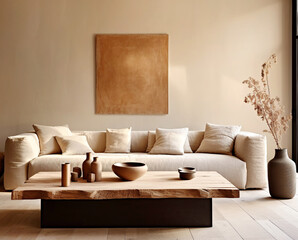Live edge coffee table near beige sofa against beige stucco wall with poster. Japandi interior design of modern living room, home.