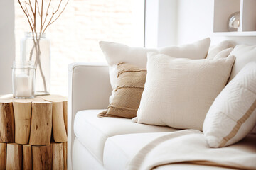 Close up of white sofa with beige pillows and wooden tree stump side table against window. Scandinavian interior design of modern living room, home.