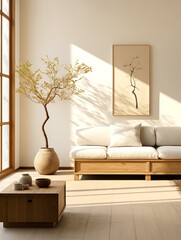 Sofa and cabinet against grid window. Japanese interior design of modern living room, home.