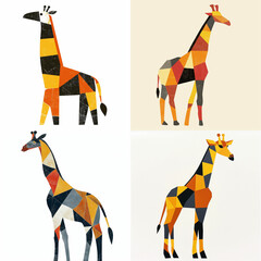 Giraffe in flat design, geometrical, minimalist style, whimsical and simple illustration aesthetic, The perspective should be scaled to include all extremities, Risograph print, The color scheme