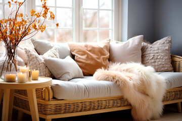 Close up of fur throw on rattan sofa near grid window. Scandinavian, hygge interior design of modern living room, home.