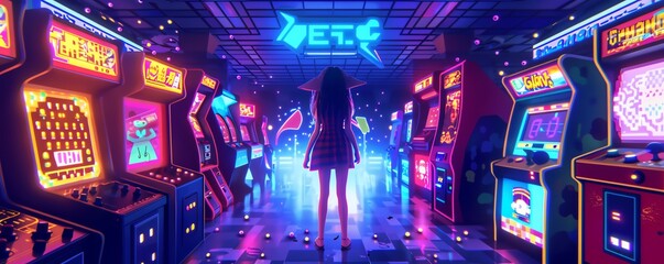 A girl dancing in a pixelated neon-lit disco with retro arcade games in the background
