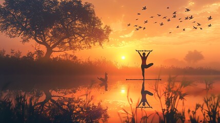 A girl doing yoga in a tranquil park at sunrise, pixel birds in the sky - obrazy, fototapety, plakaty