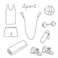 Sports and equipment set, vector illustration, hand drawing, doodles