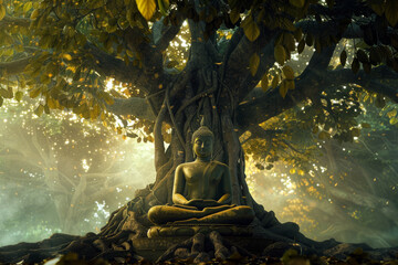 Statue of meditating Buddha under the Bodhi tree, traditional buddhism style, green and golden hues. buddha purnima day. 